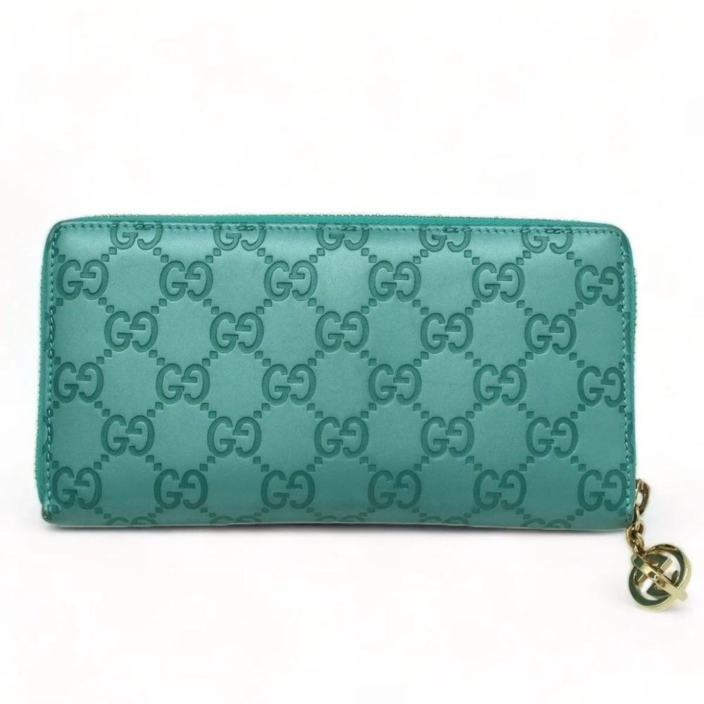 Gucci Guccissima Zip Around Long Wallet and Box Turquoise Blue Leather Authentic